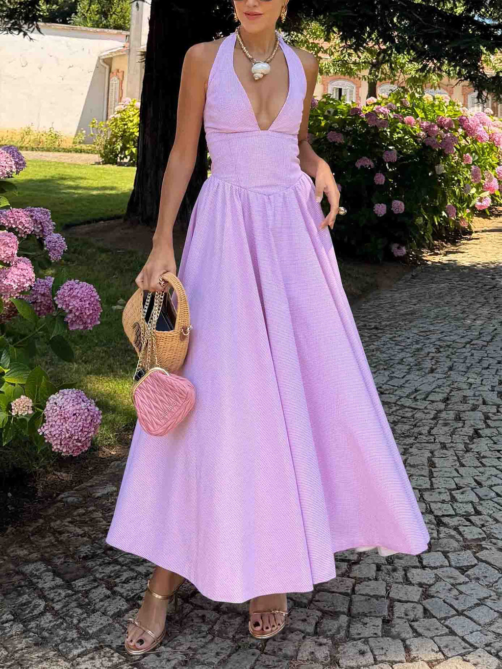 Elegant Light-colored Fine Check Backless Suspender Maxi Dress