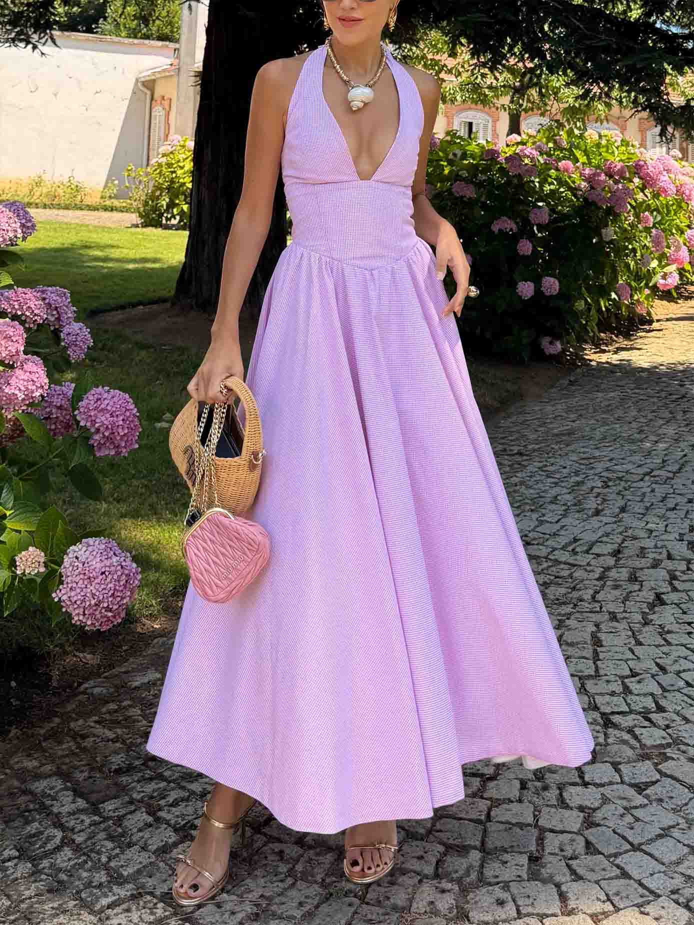 Elegant Light-colored Fine Check Backless Suspender Maxi Dress