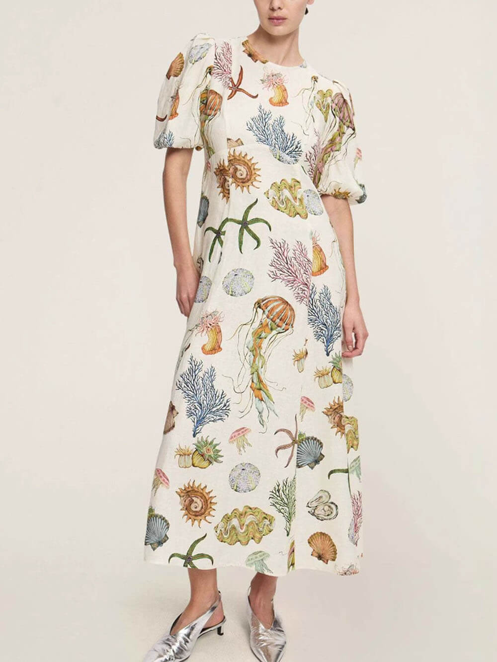 Einzigartiges und personalisiertes modisches Leinenkleid mit Laternenärmeln und Graffiti-Print