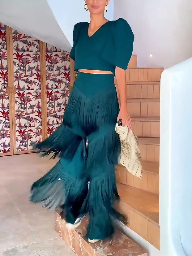Elegant High-Waist Layered Fringe Wide-Leg Pants