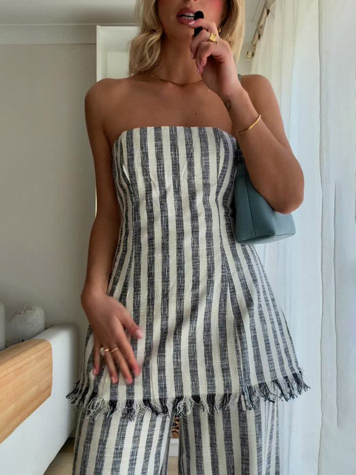 Casual Wrap-around Collar Vertical Stripes Small Tassel Tank Top