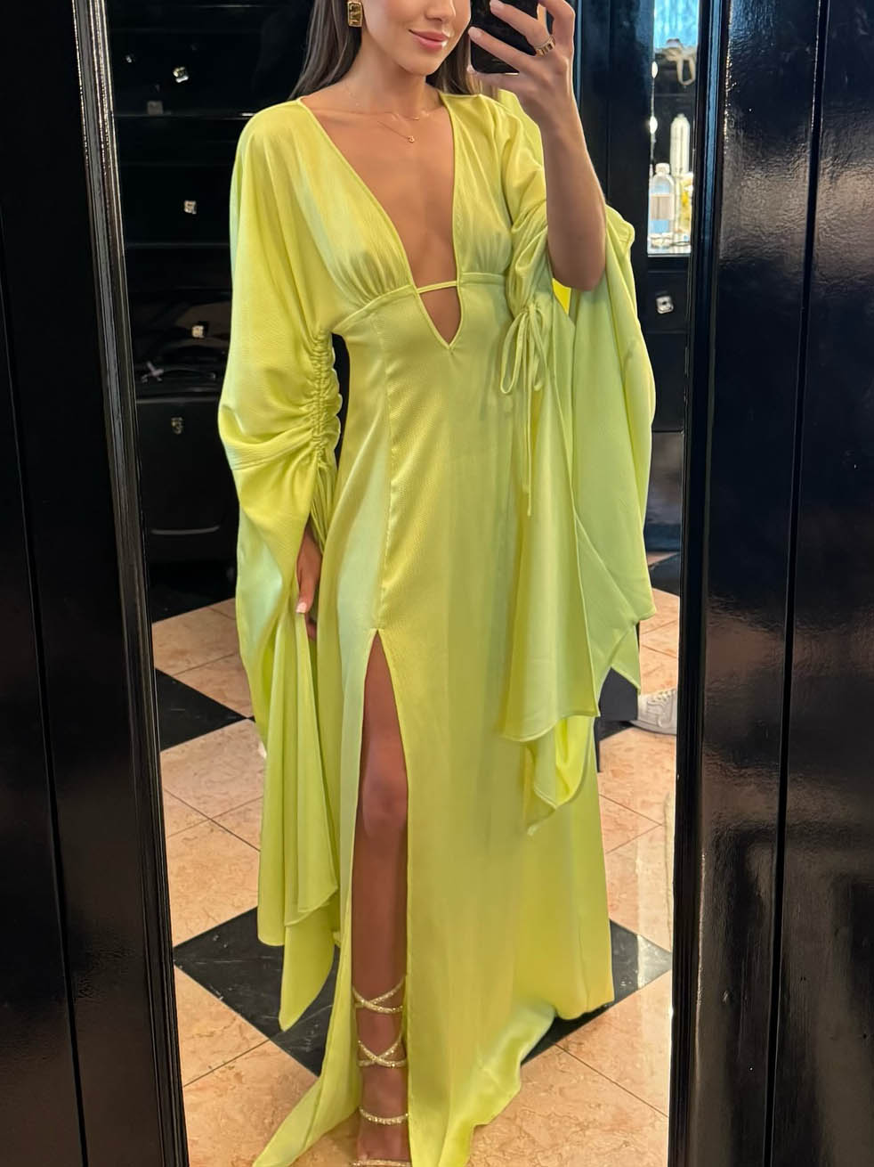 Elegant V-neck Drawstring Satin Maxi Dress