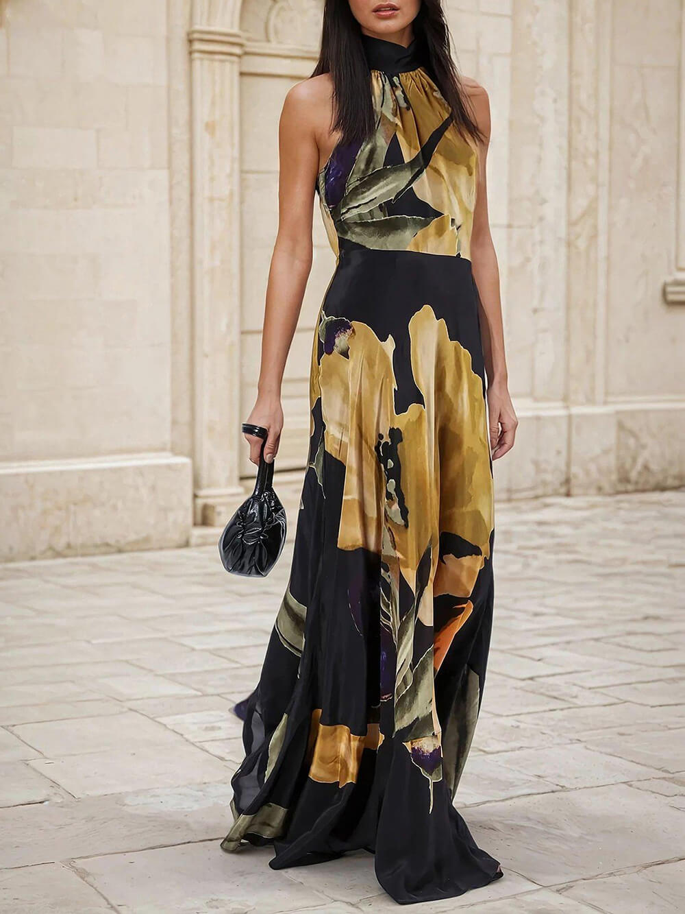 Einzigartiges, gerade geschnittenes Maxikleid mit gelbem Blumenmuster
