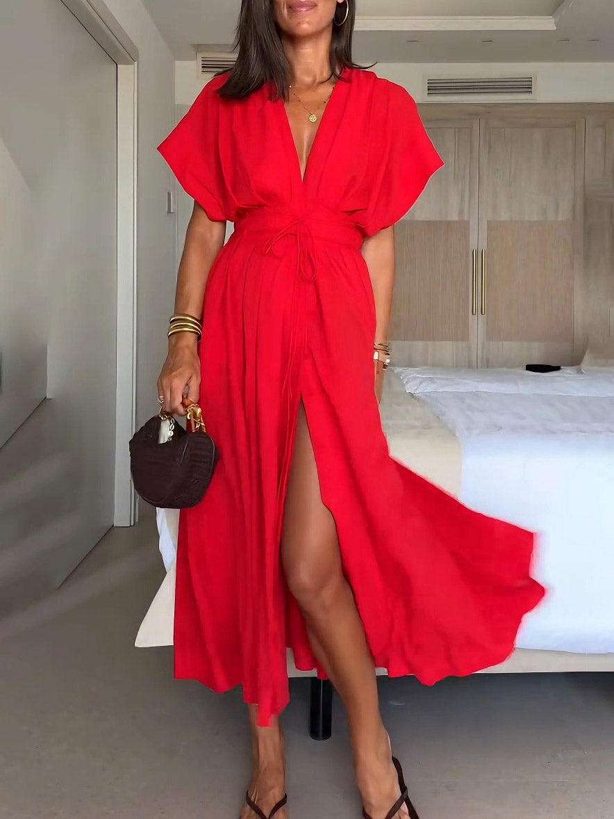 Robe midi plissée élégante à col en V et cordon de serrage