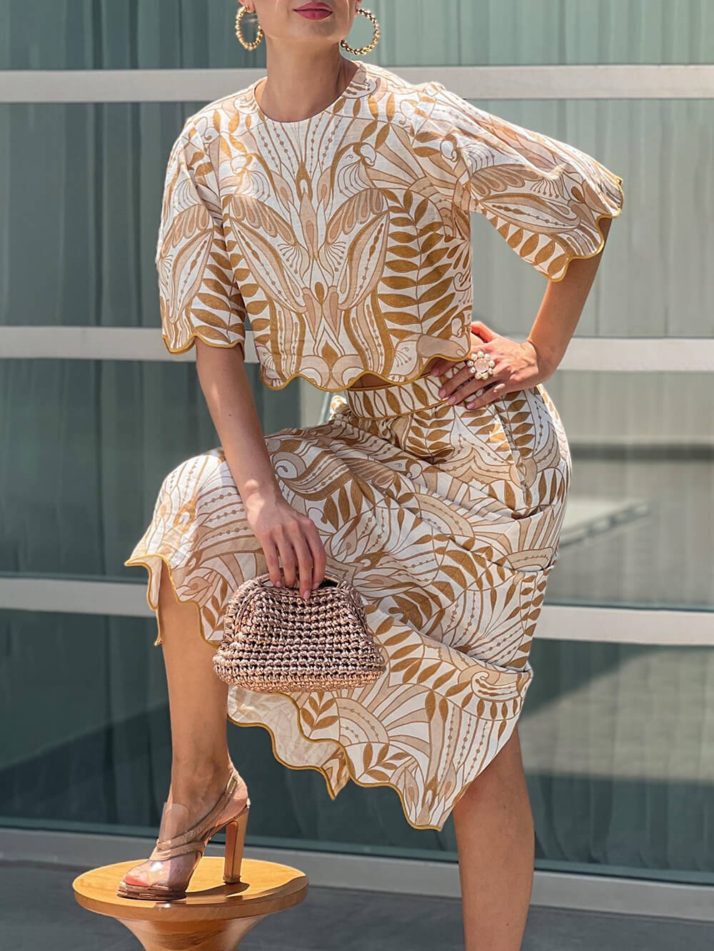 Retro Unique Print Wave Trim Bell Sleeve Linen Blend Top