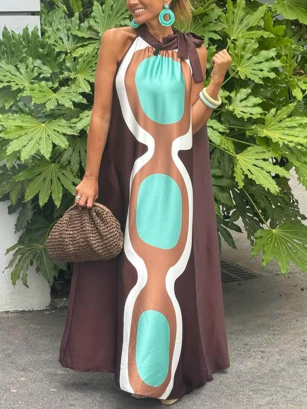 Robe longue ample à imprimé unique, sans manches, col licou, pour les vacances
