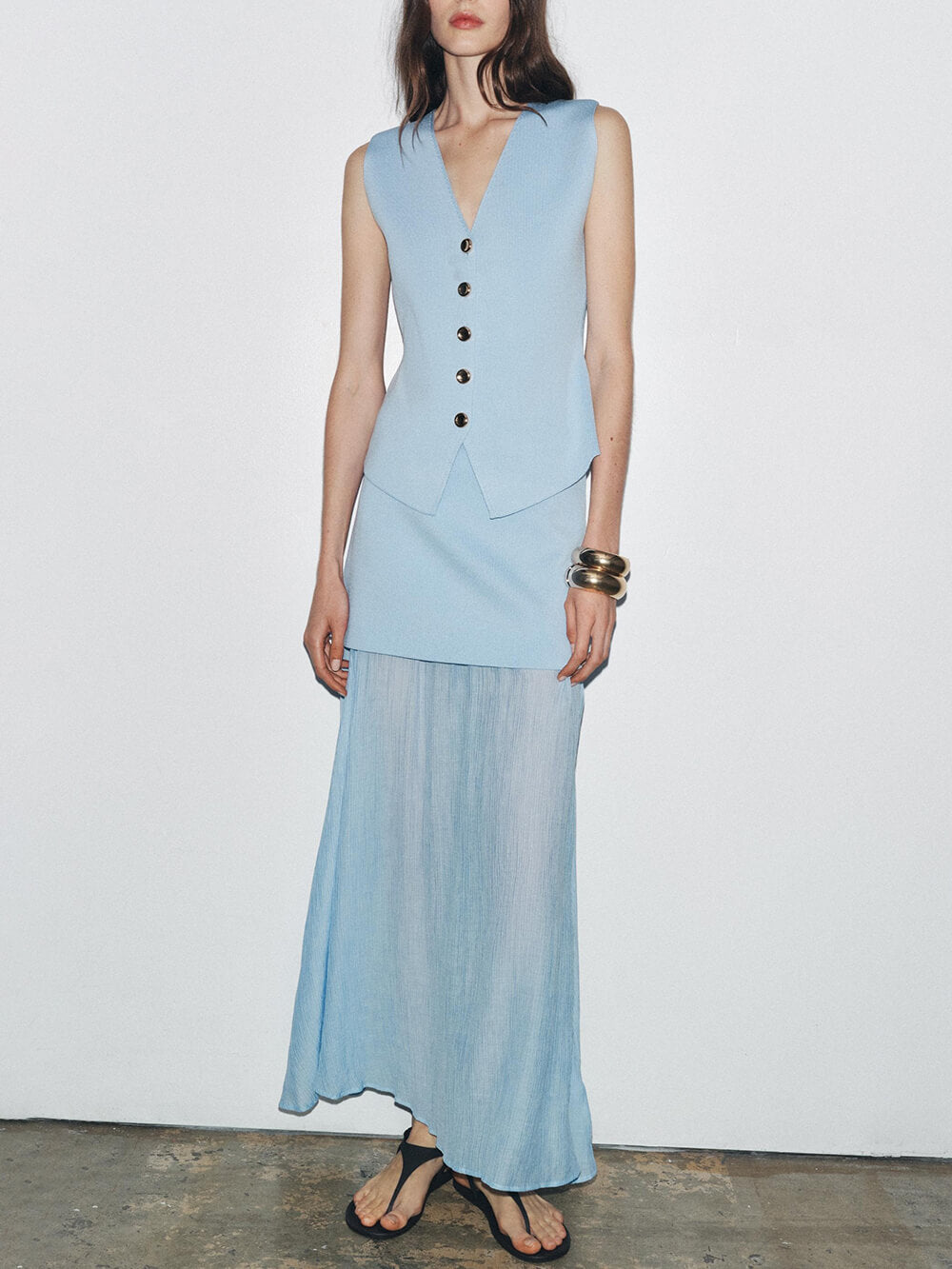 Elegant Mesh Panel Pleated Knit Maxi Skirt