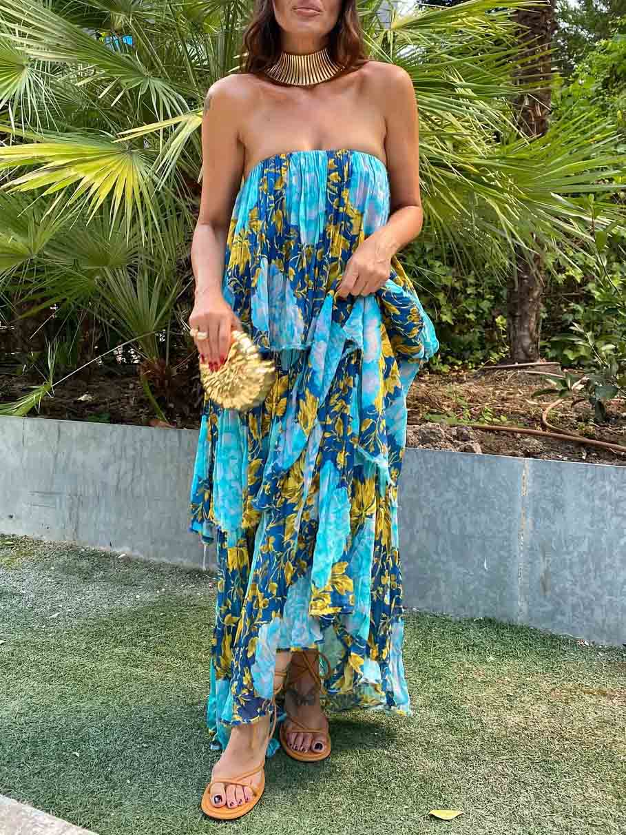 Elegant Floral Print Off-the-shoulder Split Maxi Dress