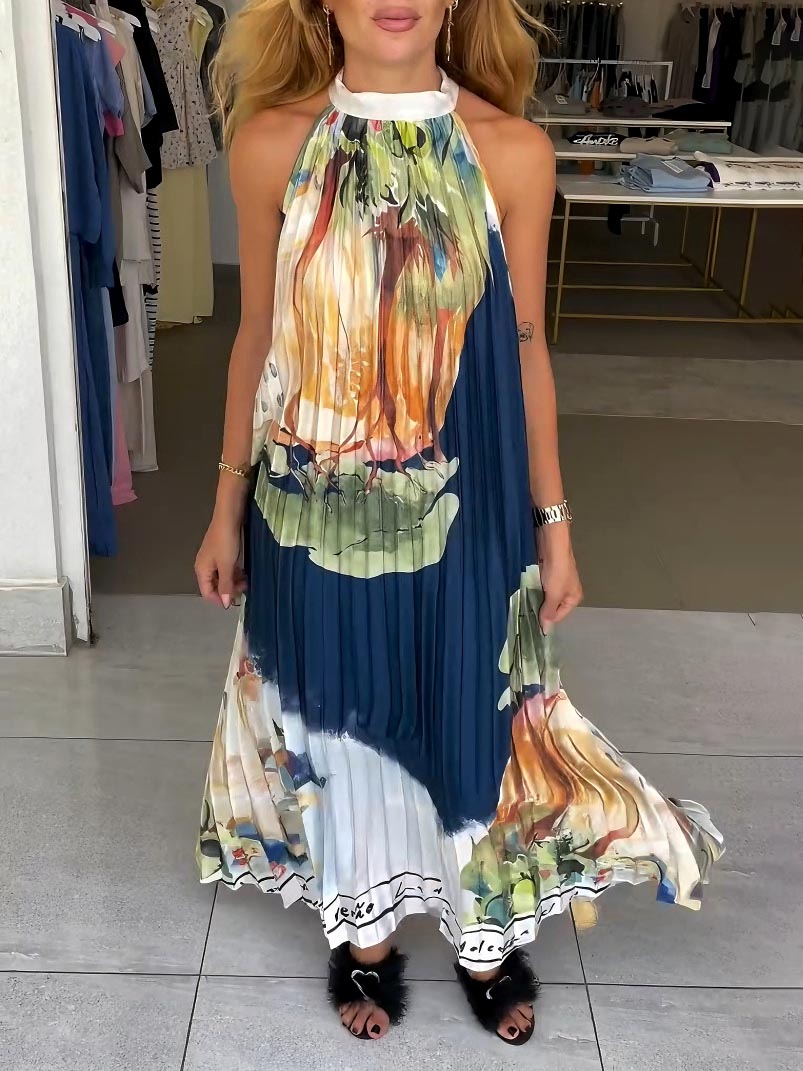 Einzigartiges plissiertes Maxikleid mit abstraktem Landschaftsdruck
