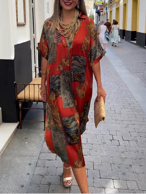 Retro Satin Print V-Neck Shirt Midi Dress