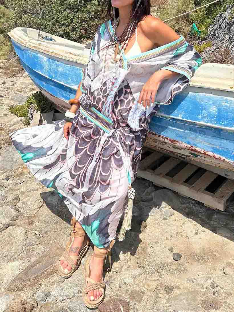 Exquisites Maxikleid mit abstraktem Print und V-Ausschnitt