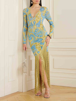 Maxi-Strickkleid mit Fransen und Retro-Blumendruck