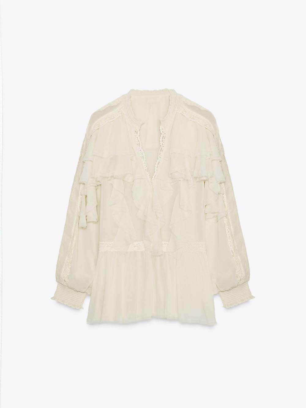 Chemisier bohème en mousseline de soie et dentelle à volants et manches ballon