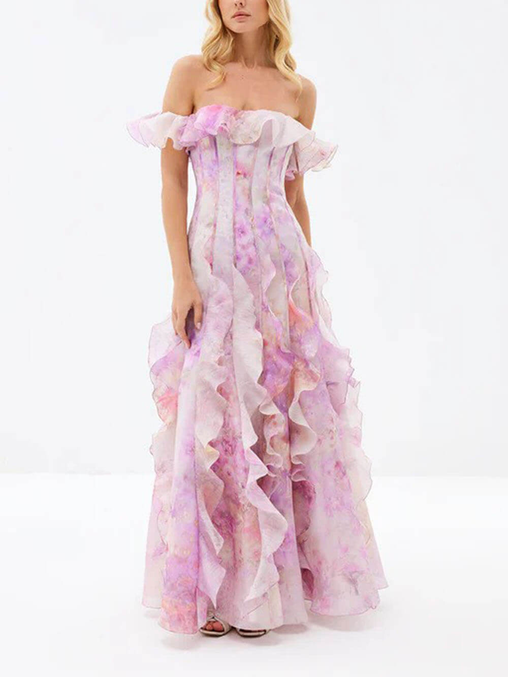 Casual Vacation-Style Strappy Floral Ruffle Maxi Dress