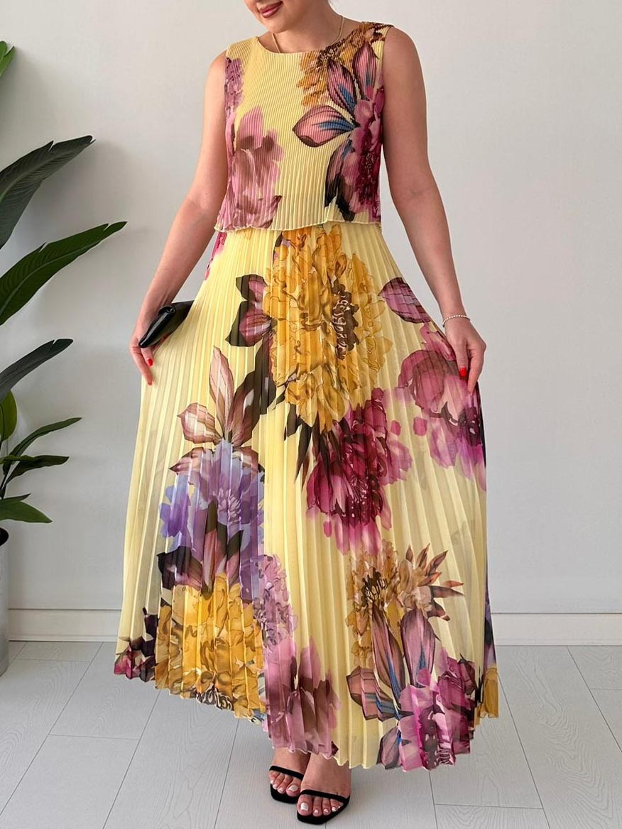 Elegantes doppellagiges, plissiertes Maxikleid aus Chiffon mit Print