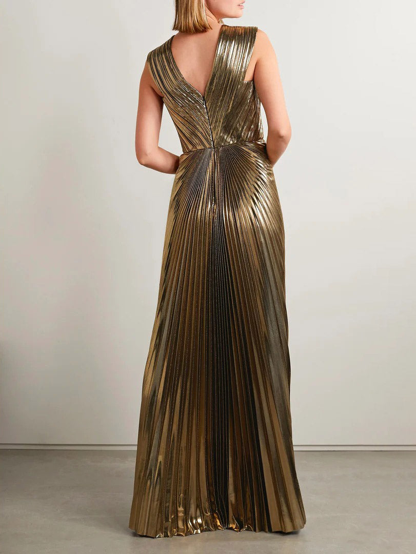 Elegant V-neck Gold Painted Pleated Maxi Dress