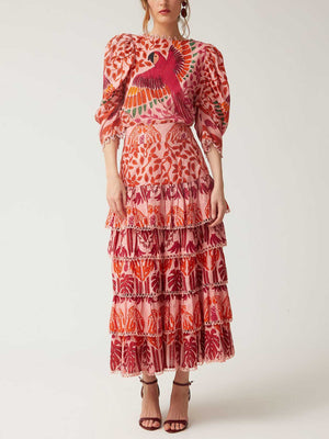 Chemise à manches bouffantes à imprimé floral et oiseaux vibrants