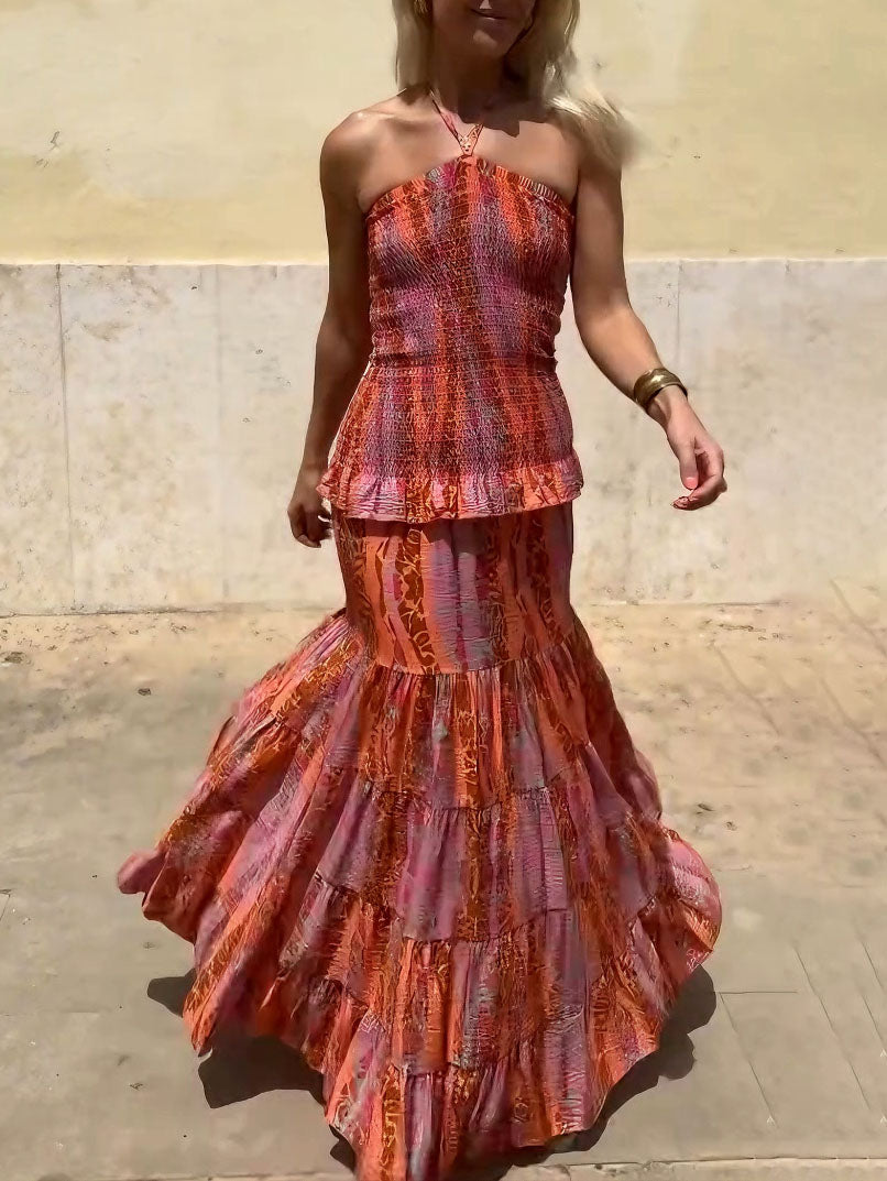 Jupe superposée imprimée style rétro folk décontracté