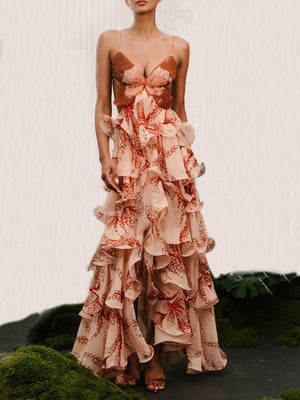 Robe longue dos nu à imprimé papillons et à volants