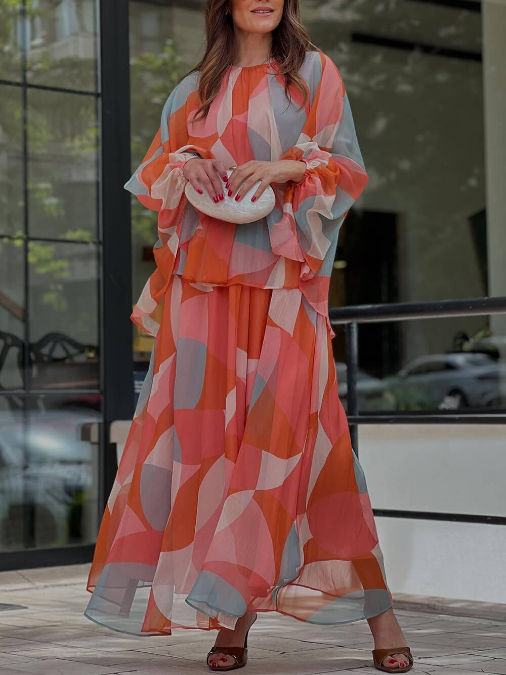 Classic Geometric Print Lantern Sleeve Patchwork Blouse