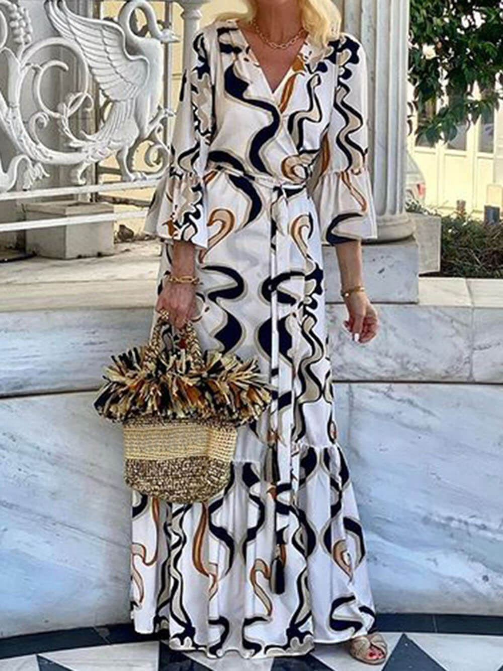 Robe longue ample à imprimé bohème avec ceinture nouée à la taille