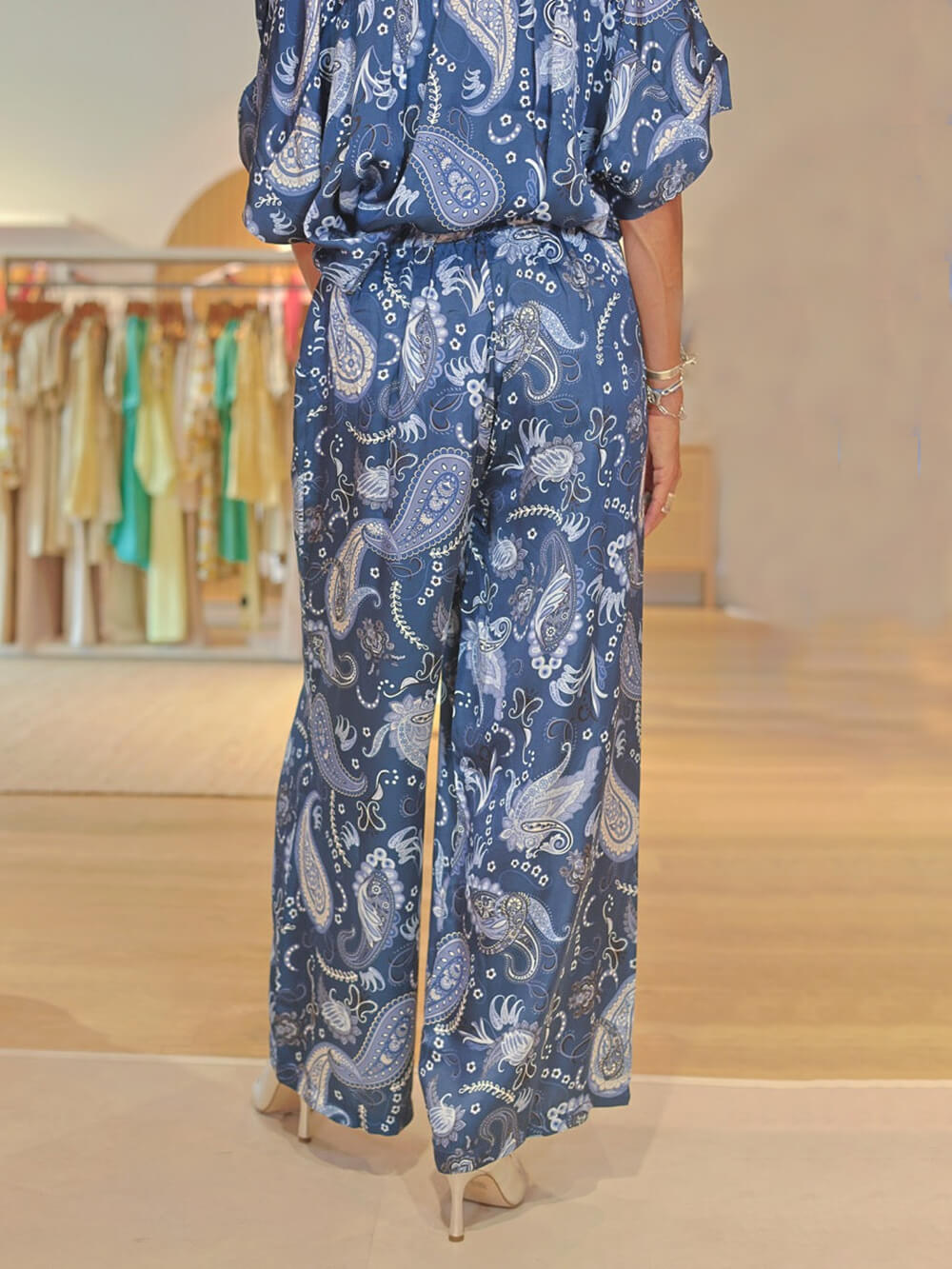 Pantalon large à taille élastique et imprimé océan bohème