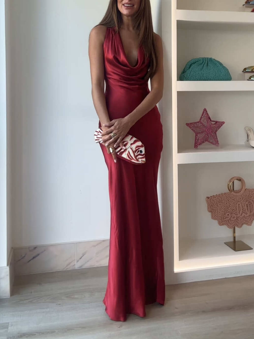 Elegantes, plissiertes, gestapeltes, rückenfreies Party-Maxikleid mit V-Ausschnitt