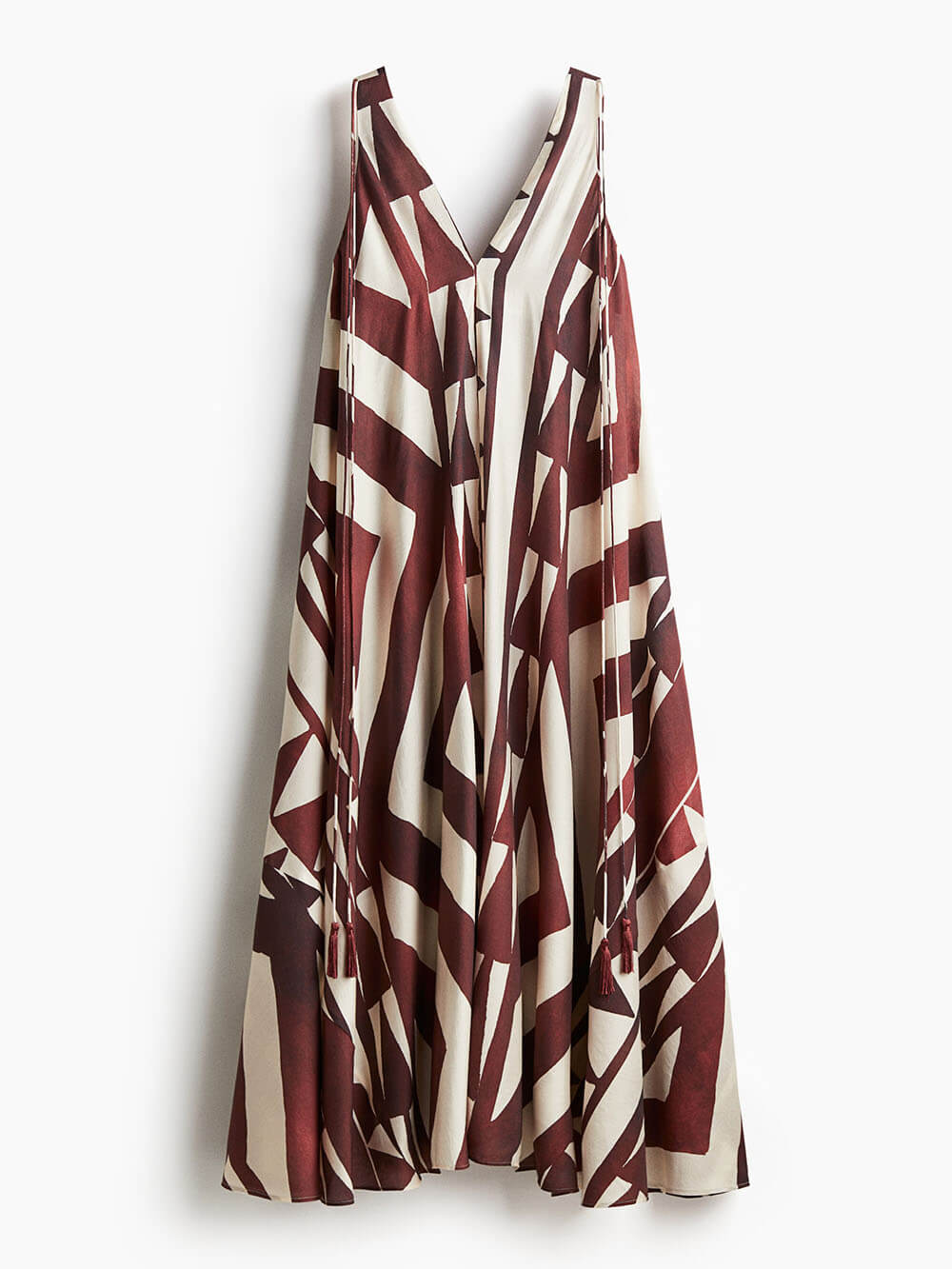 Lässiges, bedrucktes Maxikleid mit V-Ausschnitt und Bindegürtel, locker und ärmellos, fließend