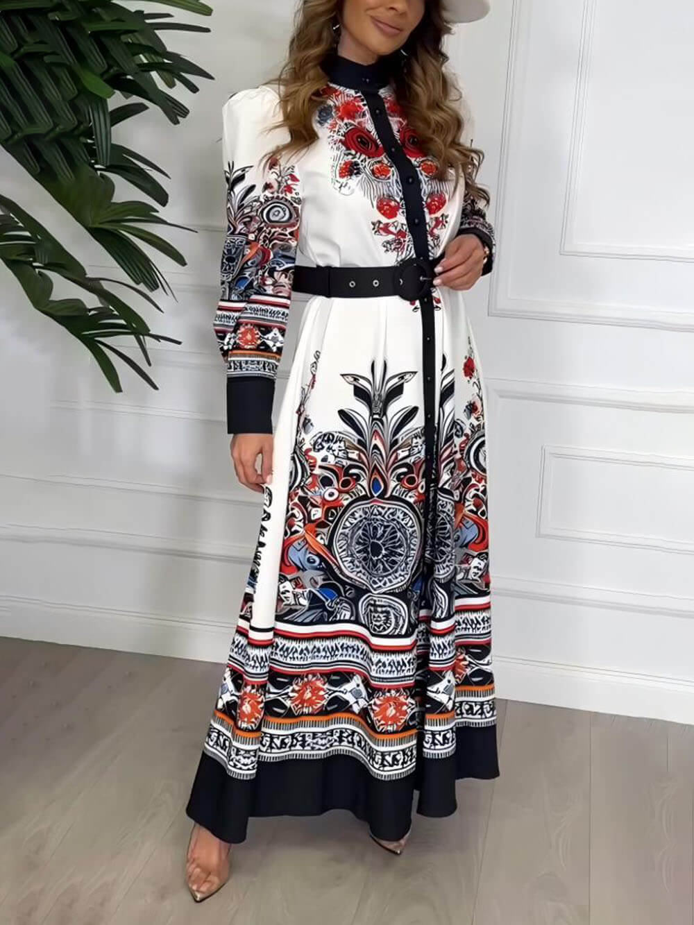 Robe longue à taille ample et imprimé ethnique unique