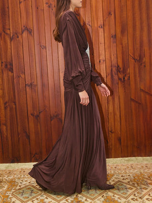 Elegant Sequin Panel Ruched Lantern-Sleeve Bodycon Maxi Dress