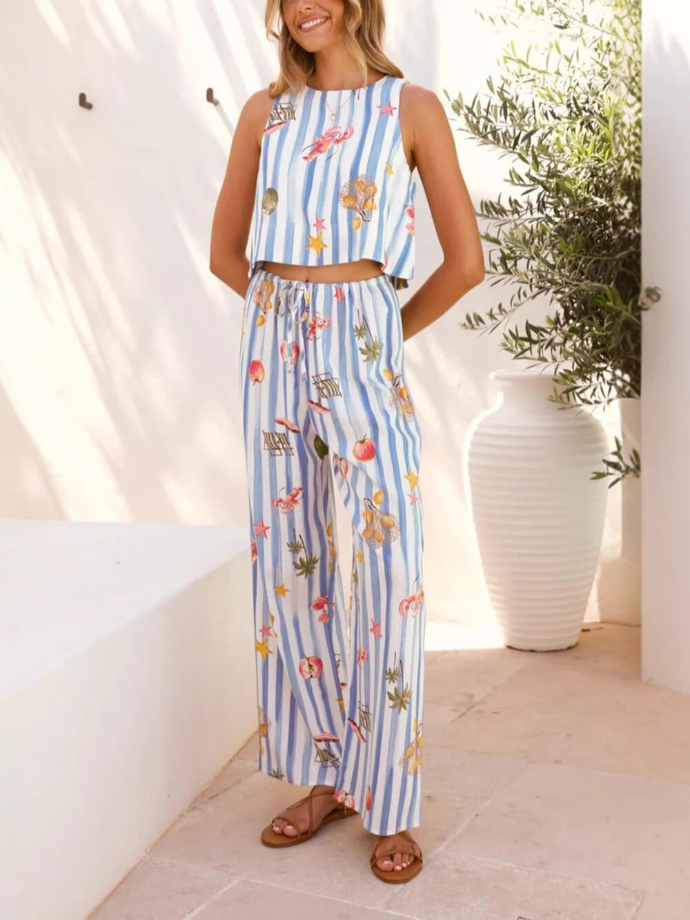 Casual Fruit Print Linen Sleeveless Striped Set