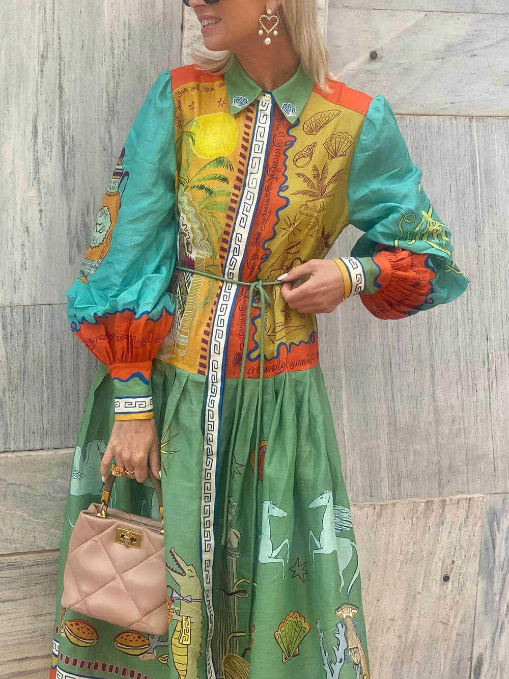 Robe longue ceinturée en lin à imprimé animal océanique