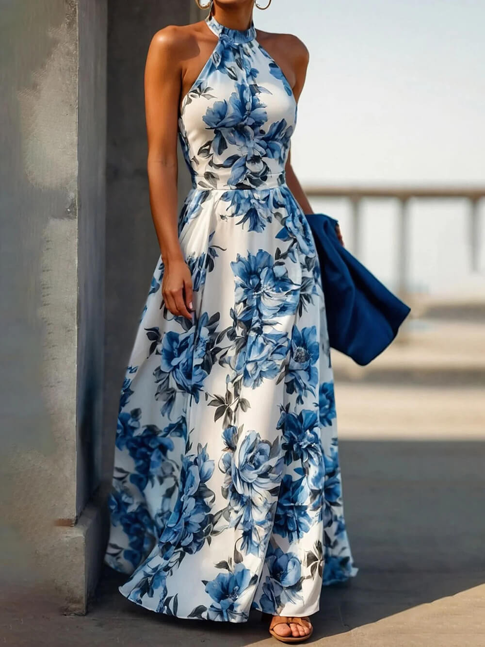 Elegant Floral Print Halter Neck Holiday Style Slim Maxi Dress