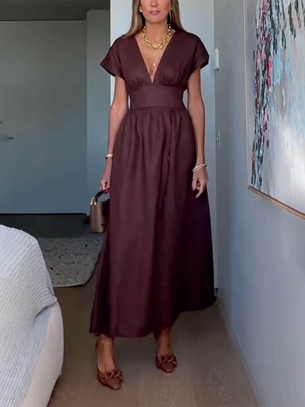 Robe longue classique en lin mélangé à manches courtes et taille ajustée