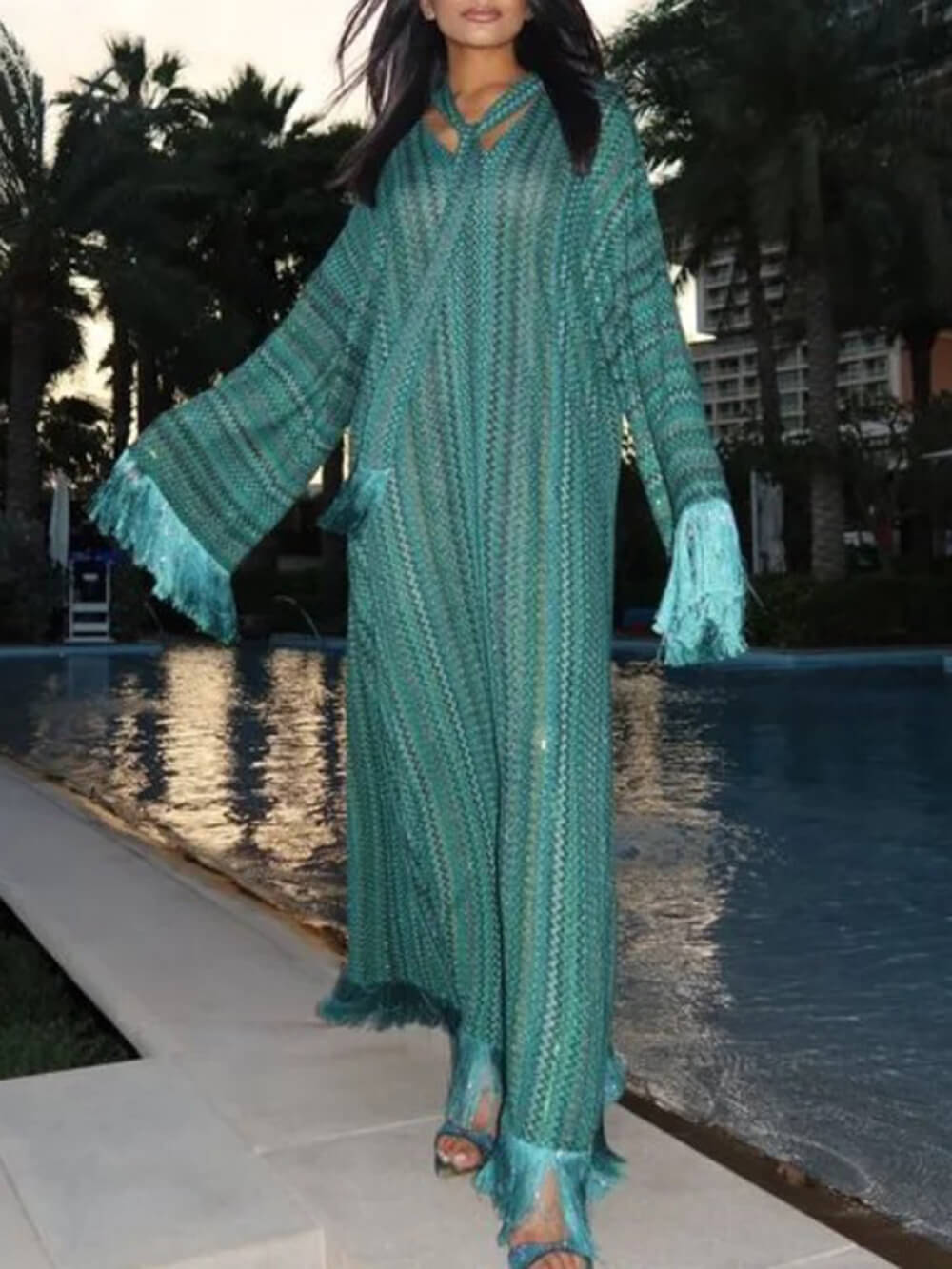 Elegant Printed V-Neck Fringe-Paneled Summer Beach Maxi Dress