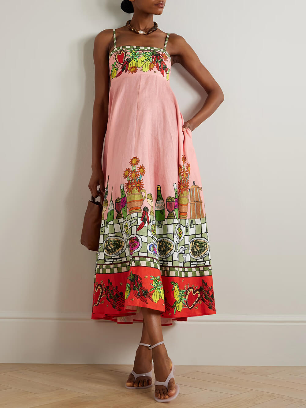 Schulterfreies Midikleid aus Leinen mit einzigartigem Print