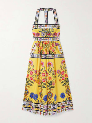 Robe mi-longue en satin à imprimé floral, dos nageur et poches