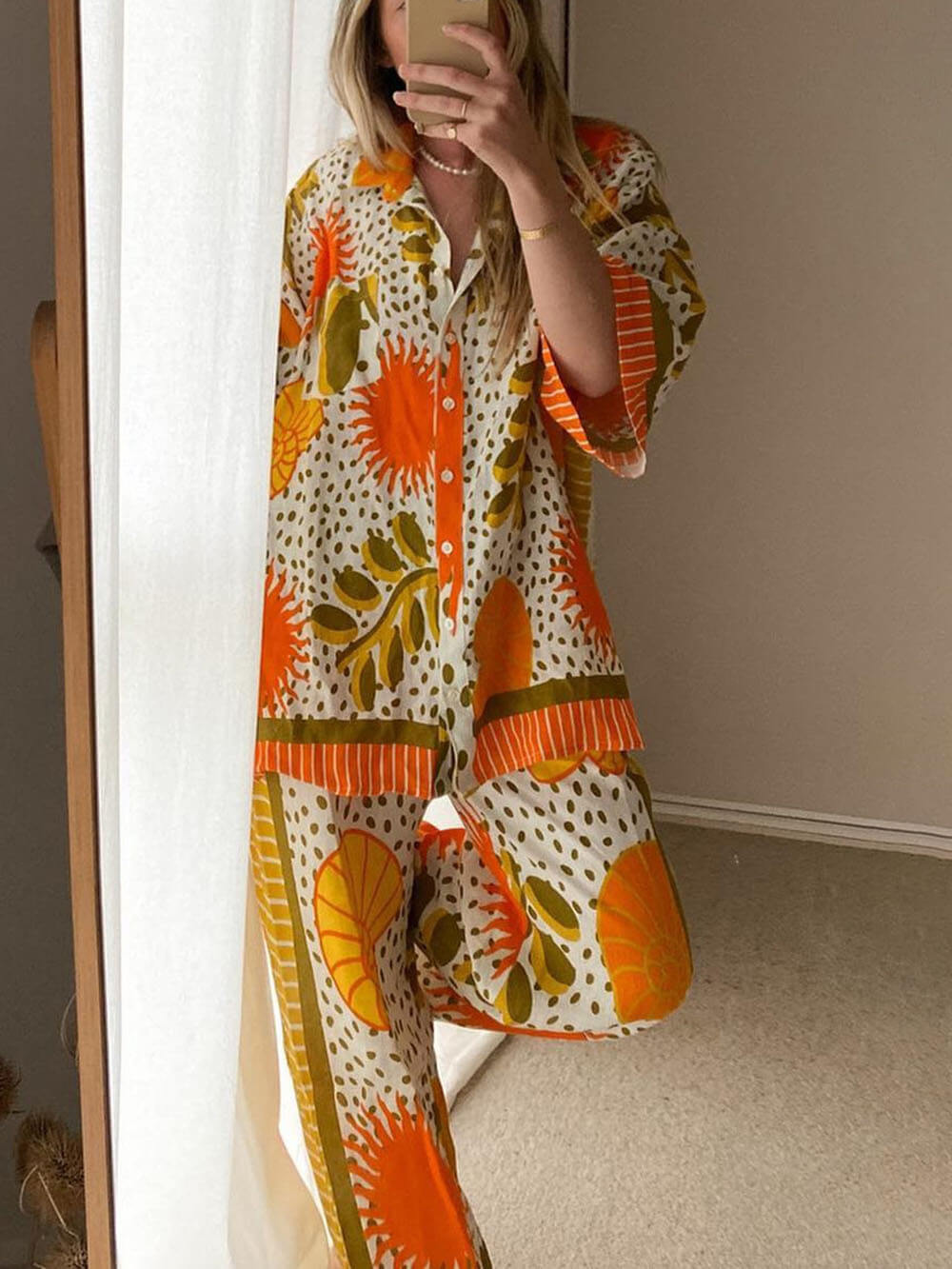 Casual Unique Satin Sun Print Loose Elastic Waist Drawstring Pocket Wide Leg Pants