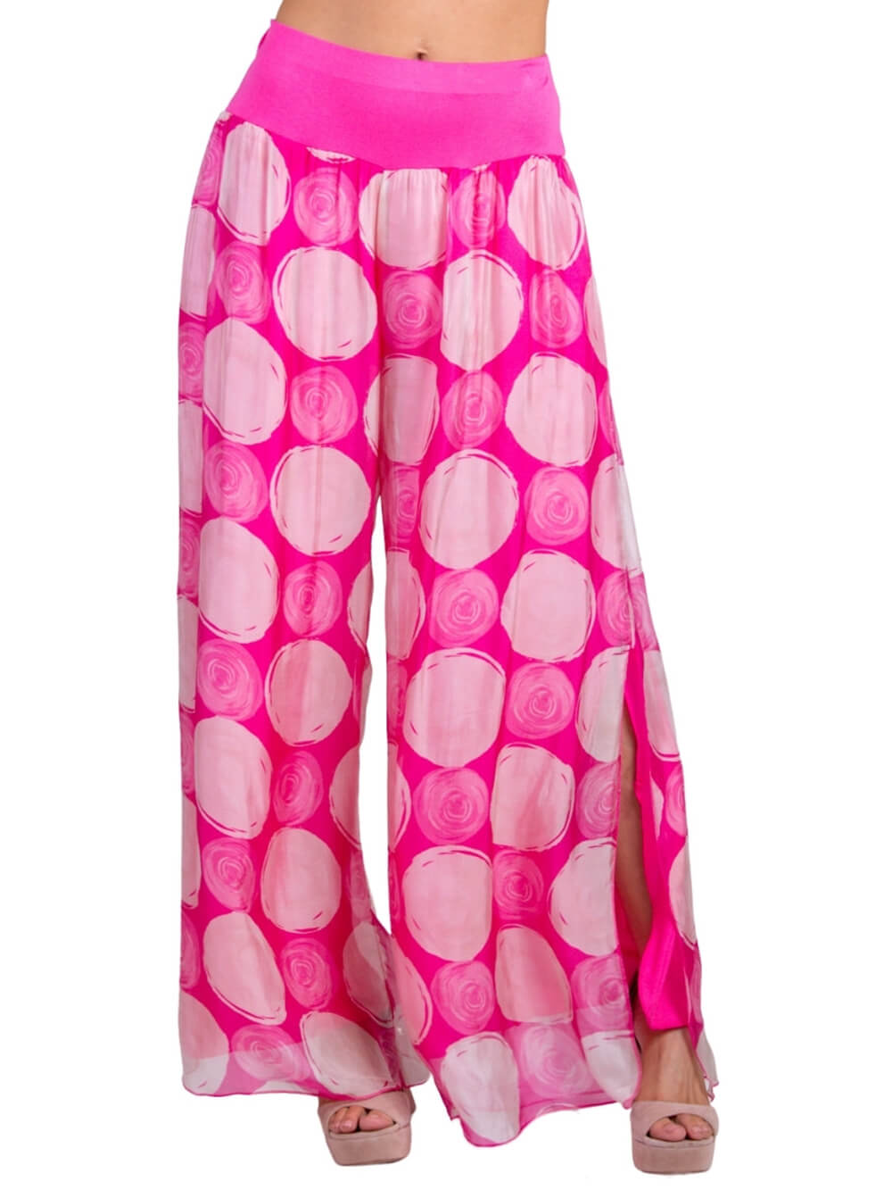 Pantalon à imprimé bohème à pois, taille élastique et ourlet, fentes latérales