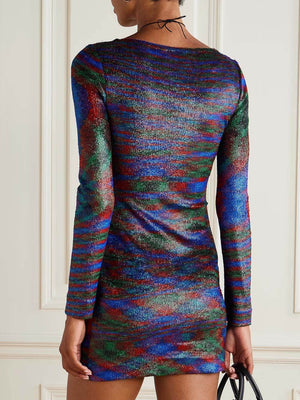 Unique Striped Metallic Print Mini Dress