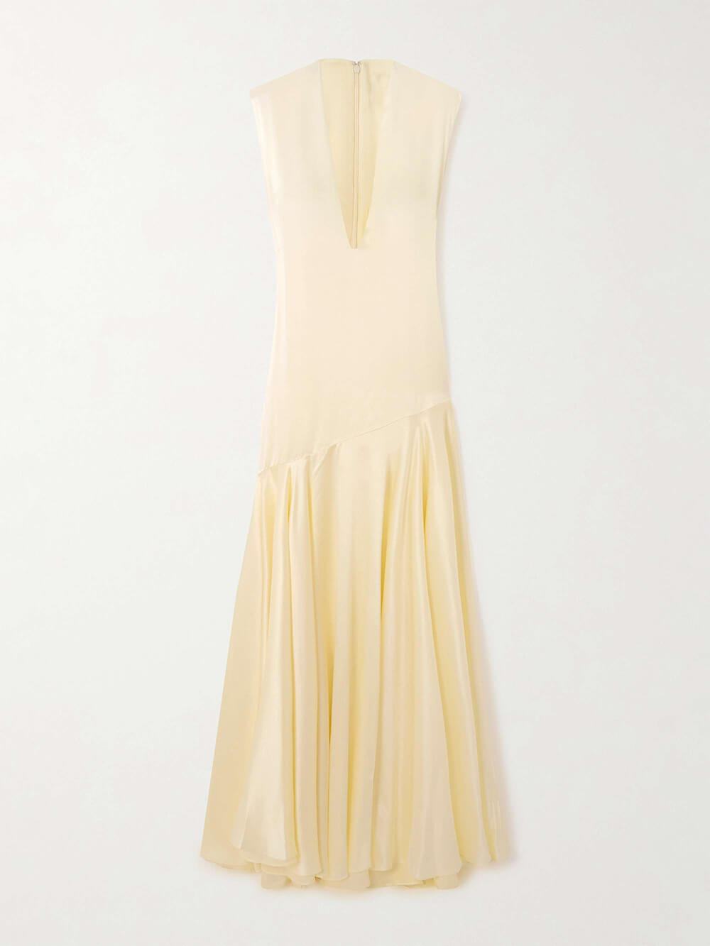 Elegantes ärmelloses Maxikleid aus Satin mit gerüschtem Einsatz