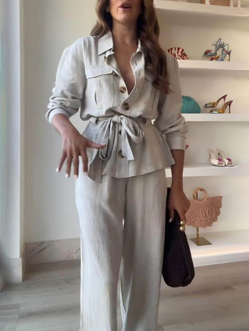 Classic Linen Tie Chest Pocket Oversized Button Shirt