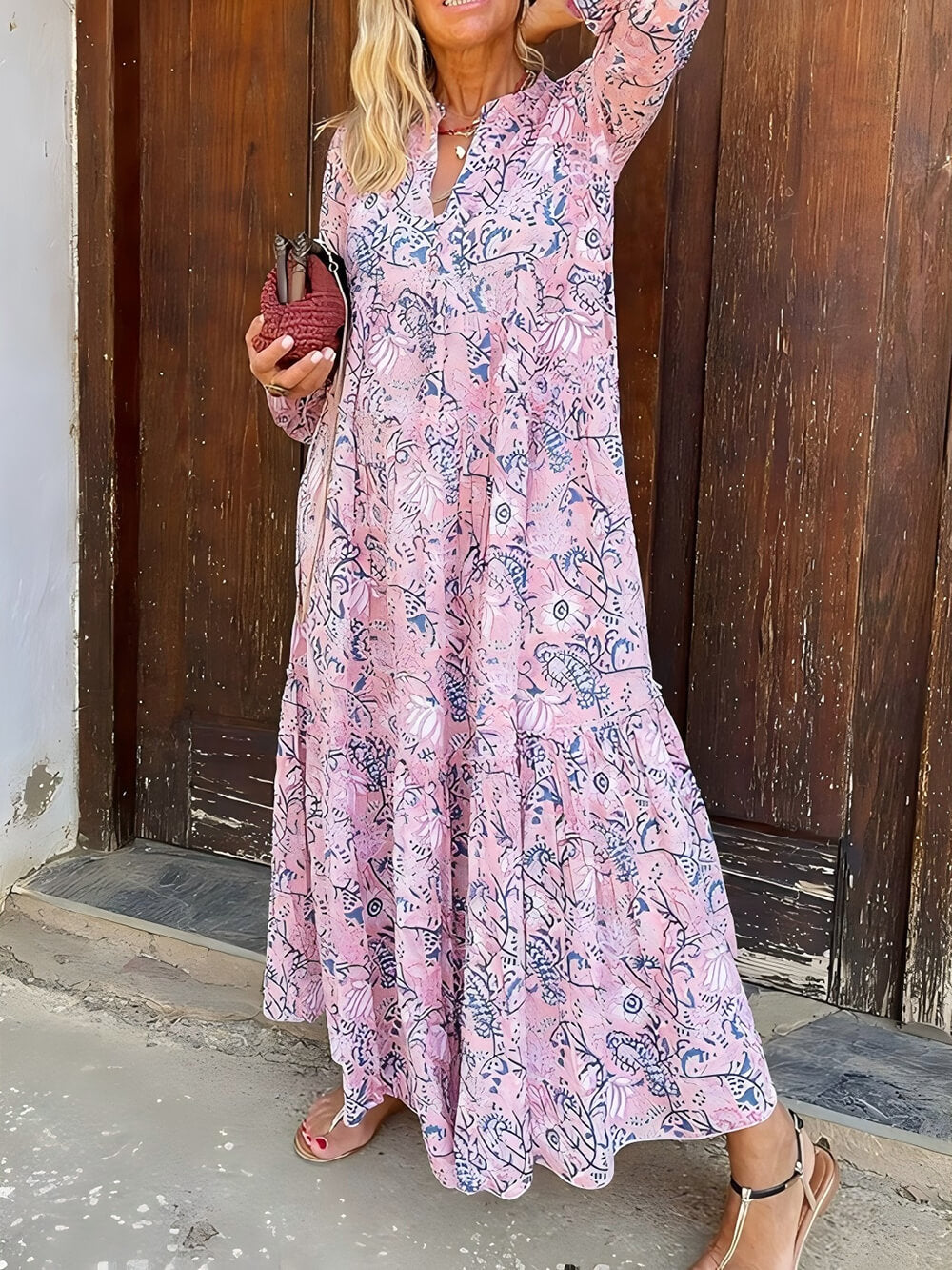Robe longue ample à imprimé floral et col en V pour les fêtes