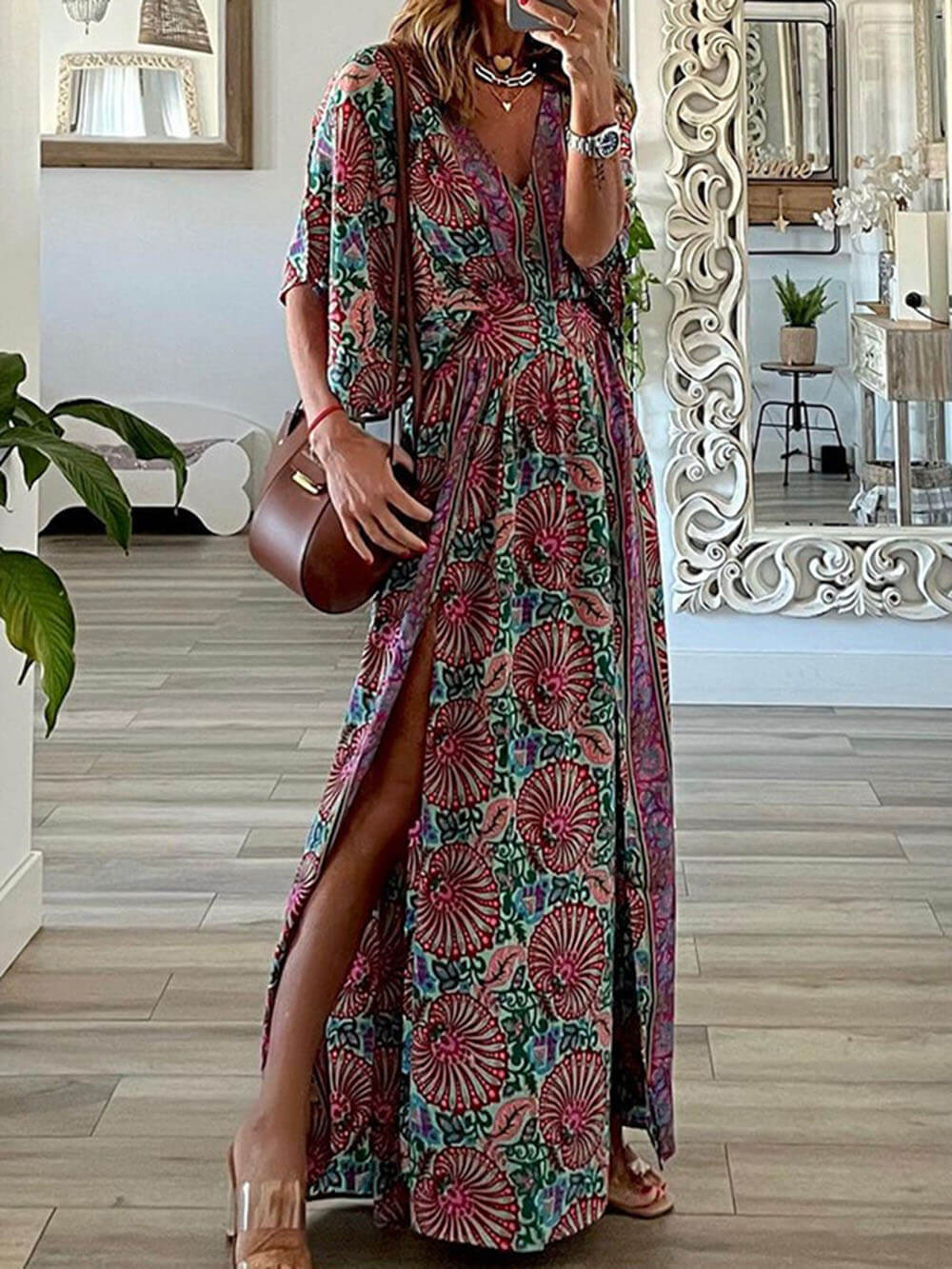 Robe longue ample à imprimé bohème et col en V