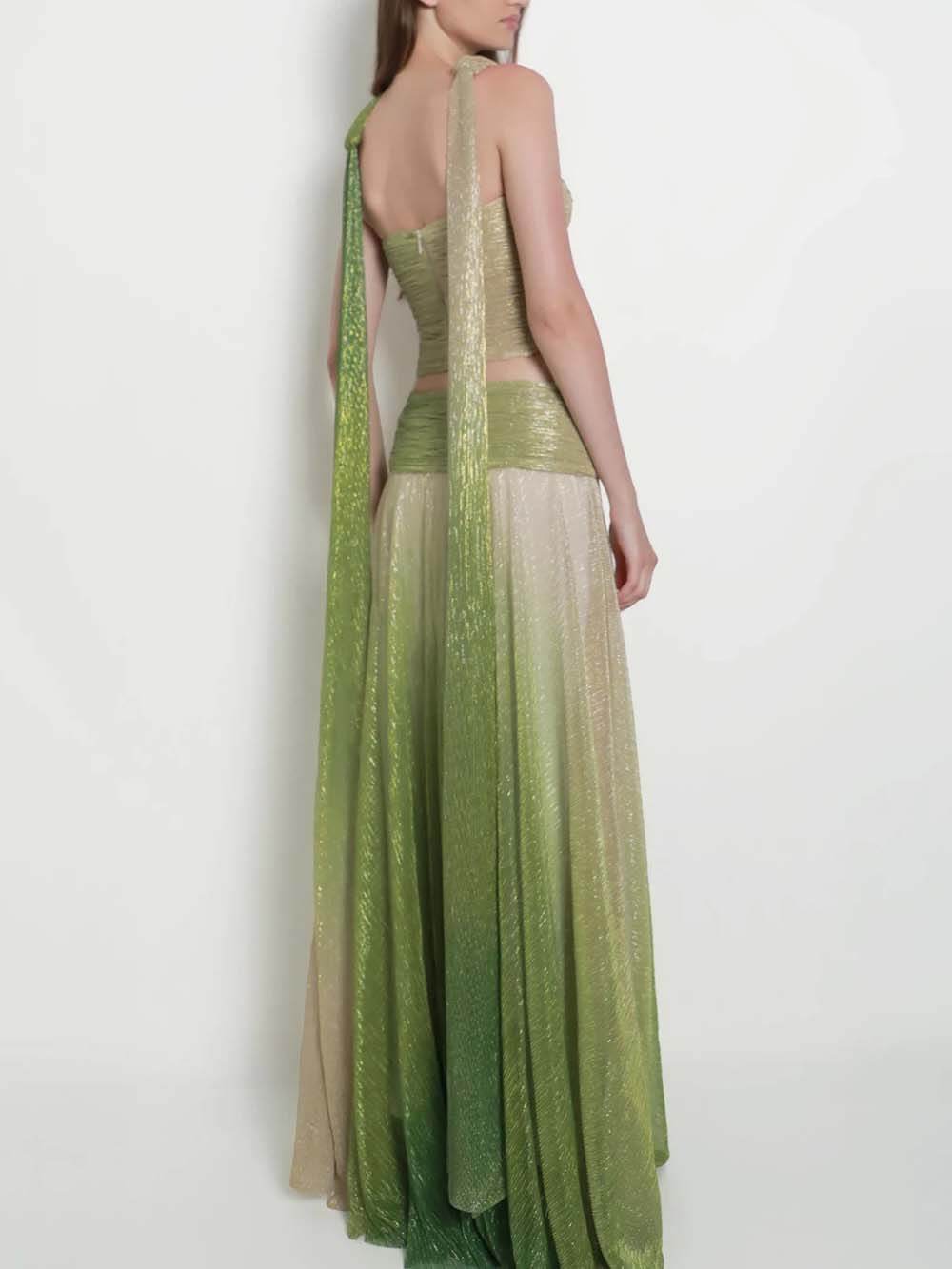 Elegantes Set aus One-Shoulder-Cutout-Top mit Ombre-Print und hoch tailliertem A-Linien-Rock