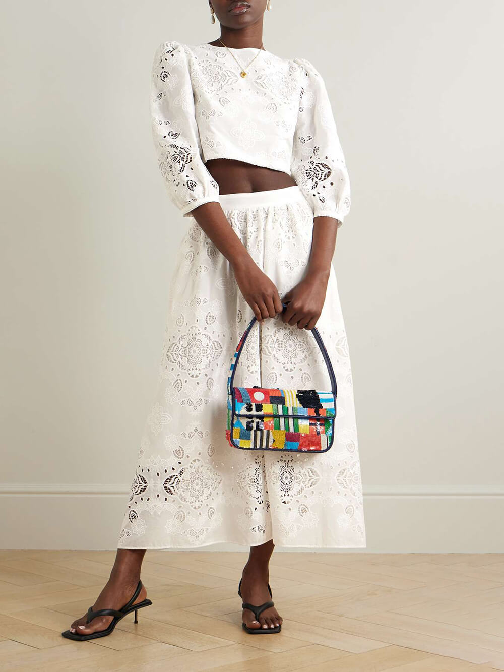 Retro Lace Crochet Embroidered Elastic Waist Midi Skirt