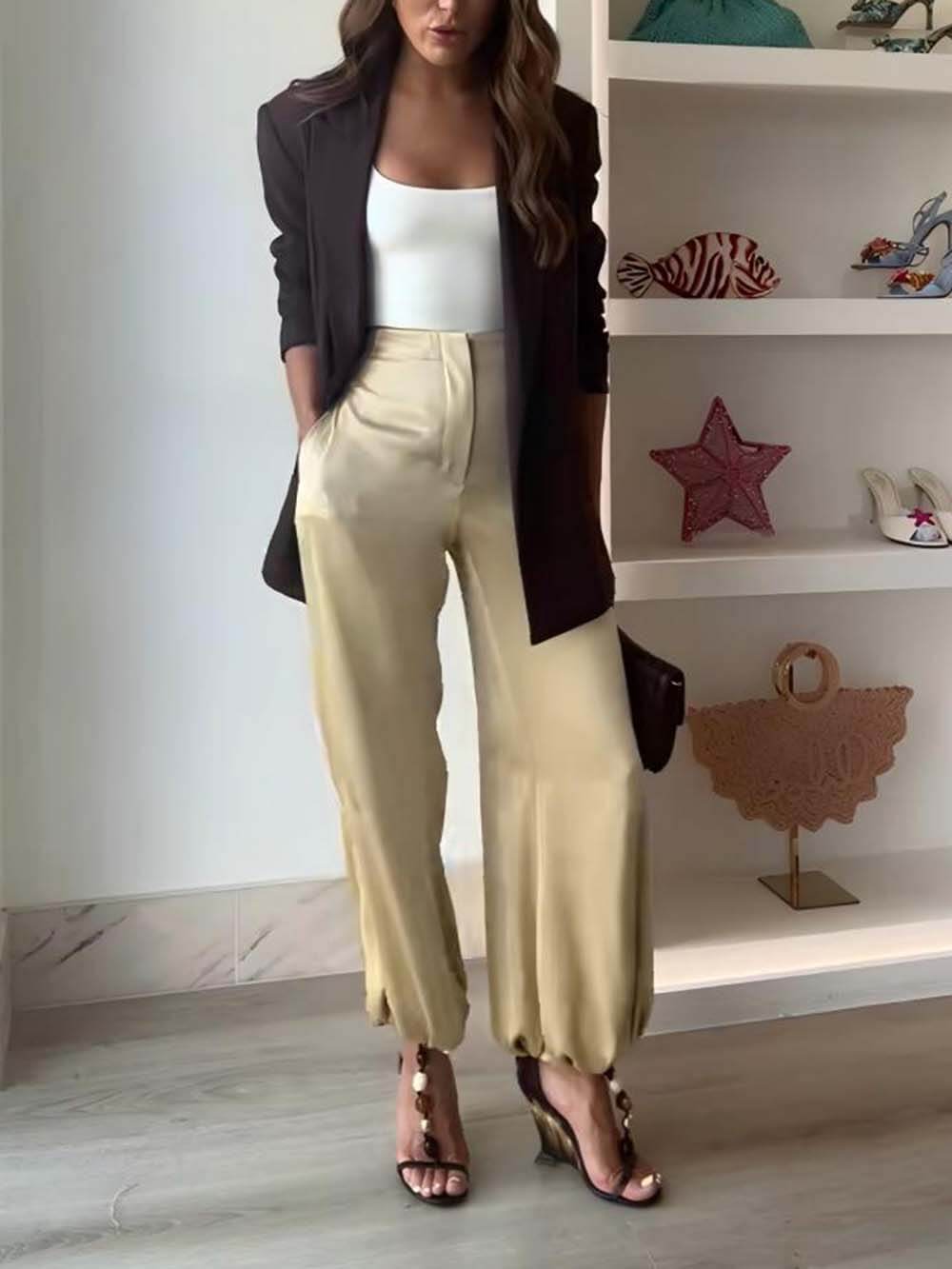 Retro Casual Satin High-Waisted Pocket Balloon Pants