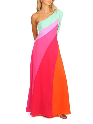 Robe longue unique à une épaule et à blocs de couleurs