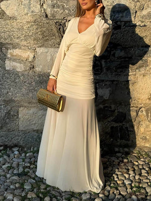 Elegantes Maxikleid mit plissiertem Netzeinsatz und Fledermausärmeln