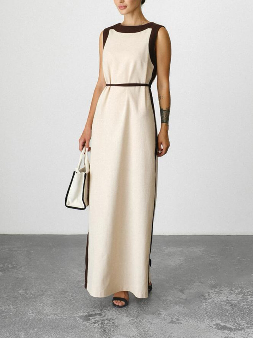 Robe longue en lin à ceinture et blocs de couleurs rétro unique